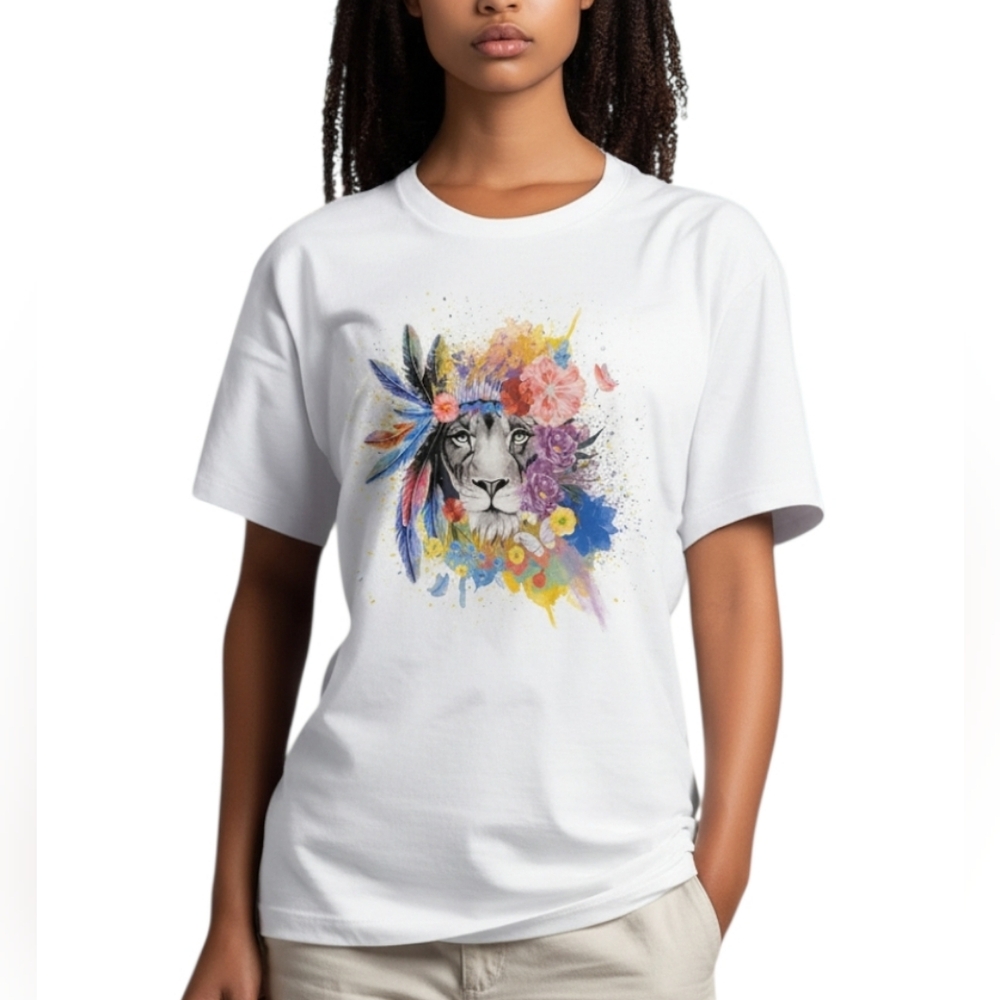 Floral Graphic T-shirt with Lion Colorful  White Medium